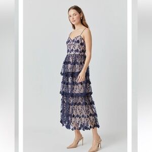 Endless Rose Navy Crochet Layered Midi Dress Size Small